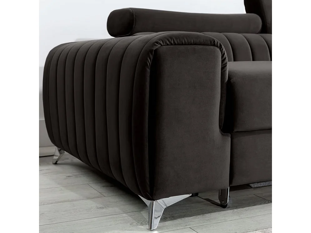 Canapé d'angle convertible velours têtière réglables GRENKY - Coffre, pieds acier chromé-Gris anthracite-angle droit