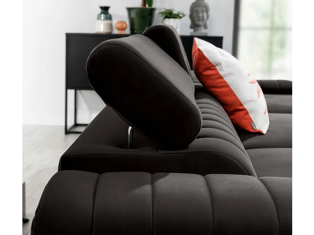 Canapé d'angle convertible velours têtière réglables GRENKY - Coffre, pieds acier chromé-Gris anthracite-angle droit