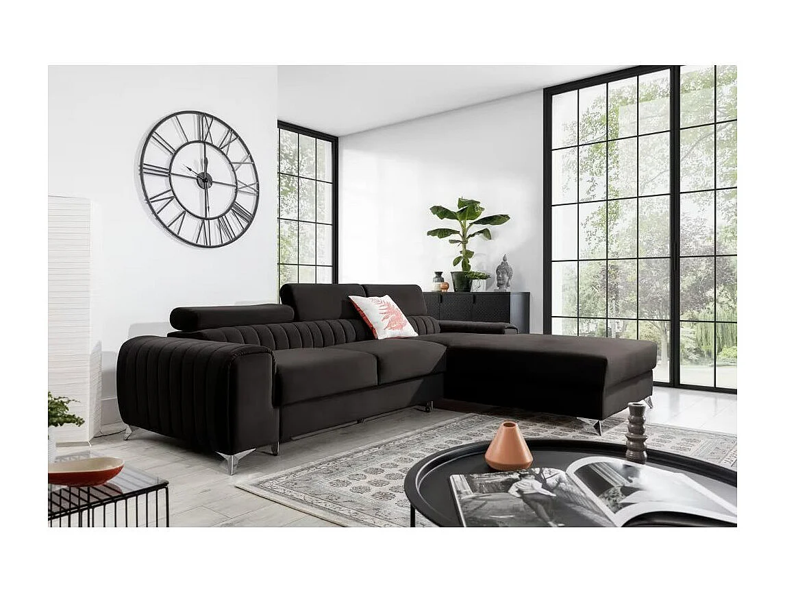 Canapé d'angle convertible velours têtière réglables GRENKY - Coffre, pieds acier chromé-Gris anthracite-angle droit