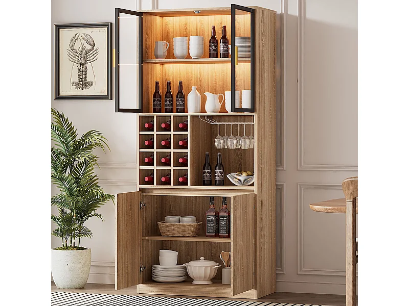 Credenza 80x40x180cm con 4 ante di cui 2 ante in vetro, 1 nicchia e portabottiglie, LED incluso, corpo in legno naturale chiaro