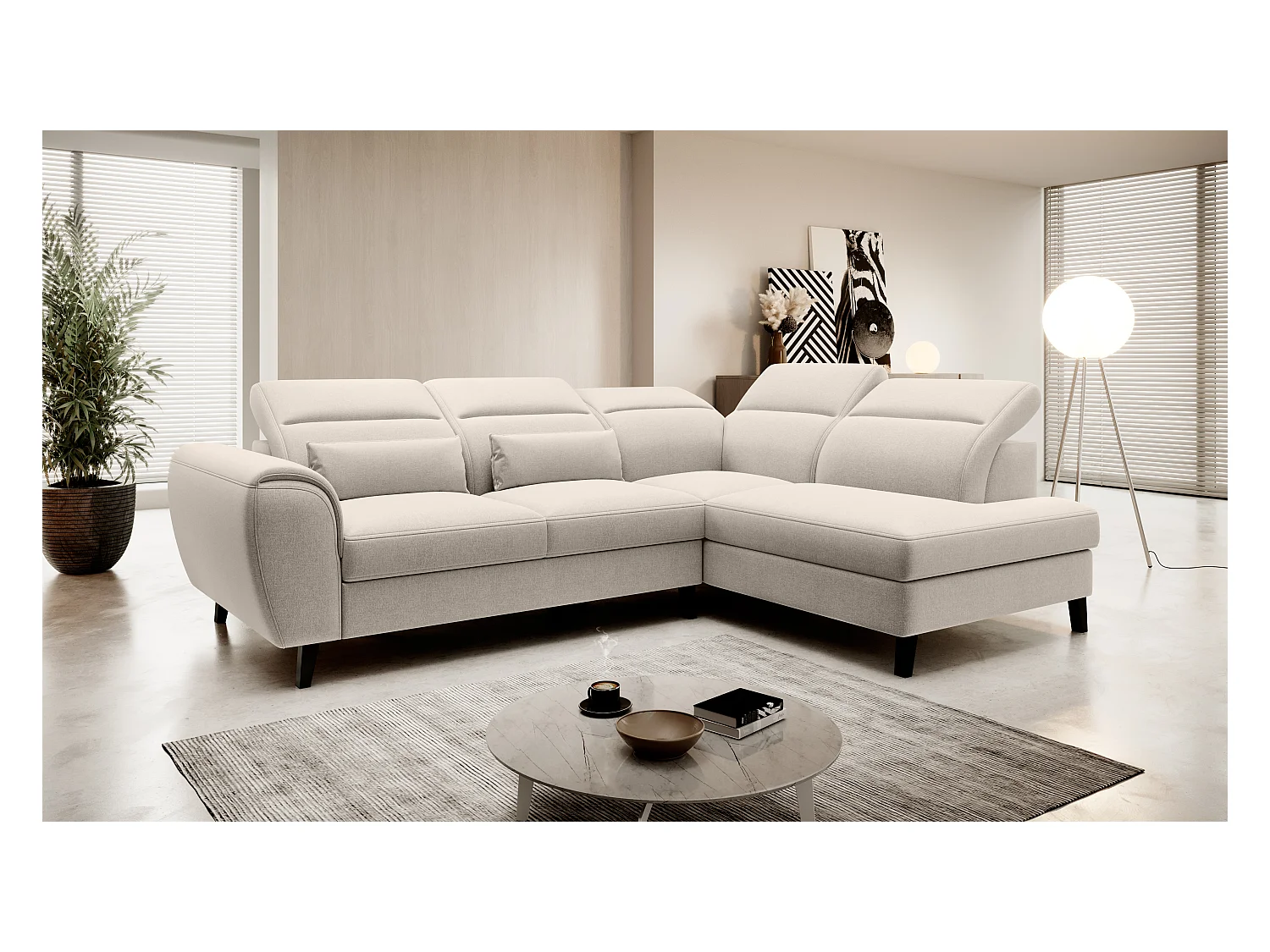 Canapé d'angle convertible avec rangement tissu NOBLESSE - Pieds bois noir-Beige clair-angle droit