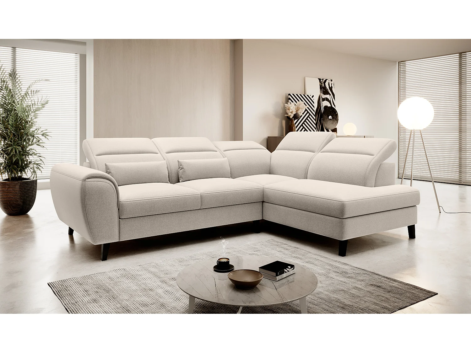 Canapé d'angle convertible avec rangement tissu NOBLESSE - Pieds bois noir-Beige clair-angle droit