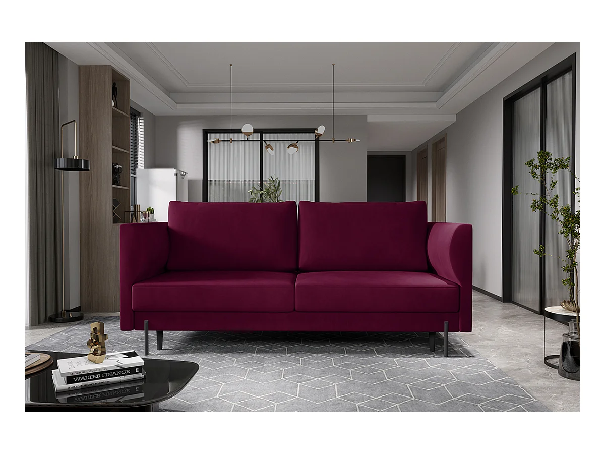 Canapé convertible en velours ROBBY – Rangement et pieds métal noir-Bordeaux