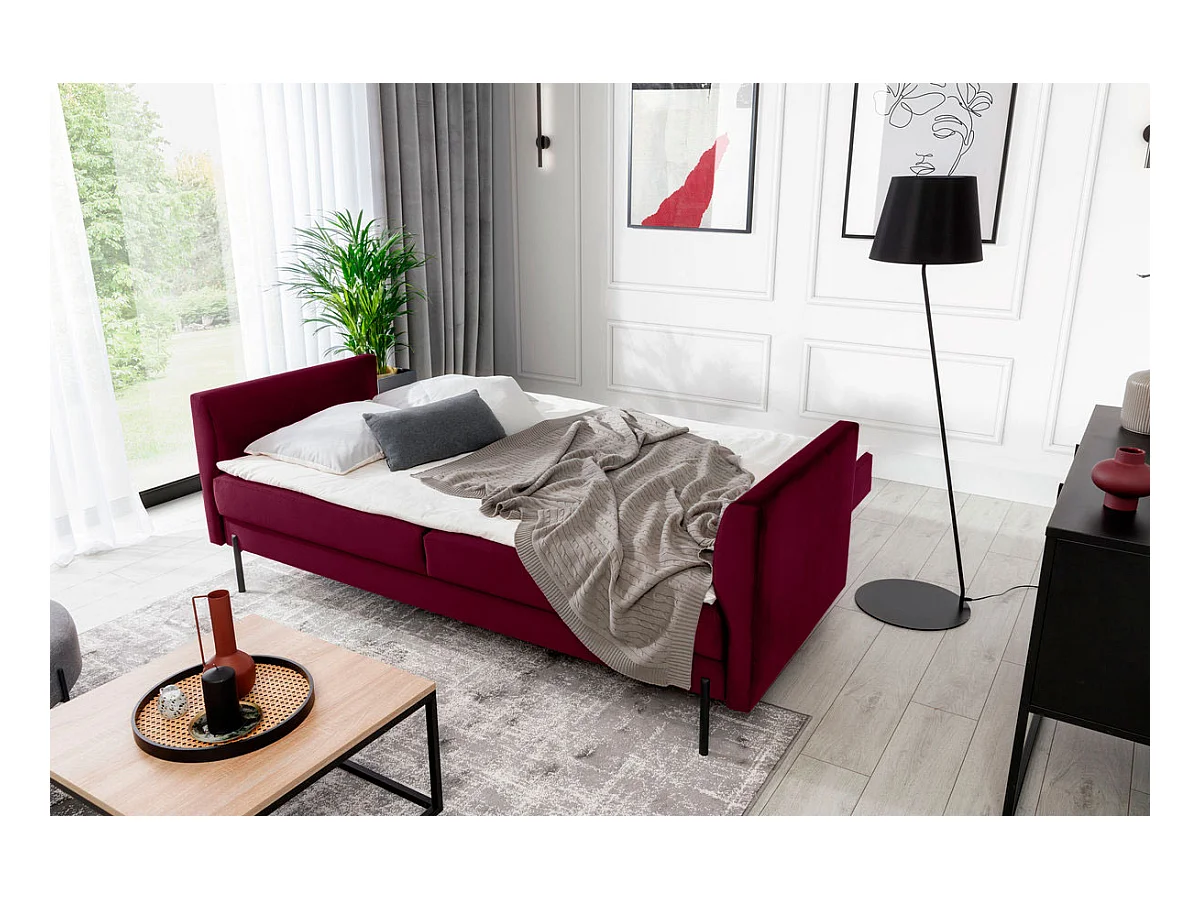 Canapé convertible en velours ROBBY – Rangement et pieds métal noir-Bordeaux