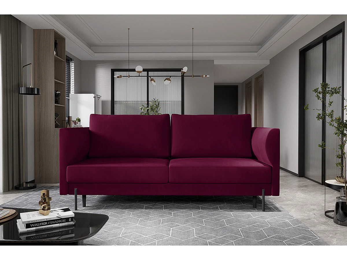 Canapé convertible en velours ROBBY – Rangement et pieds métal noir-Bordeaux