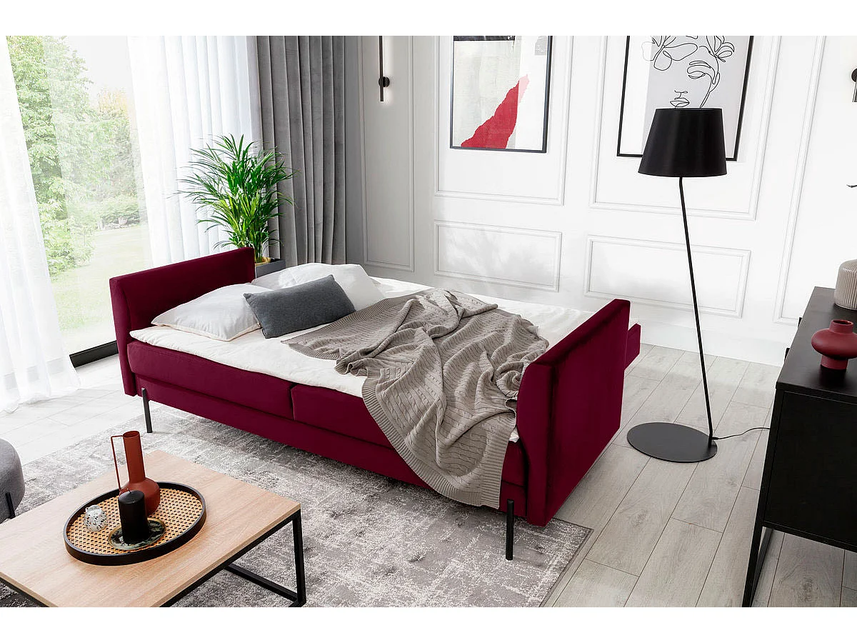 Canapé convertible en velours ROBBY – Rangement et pieds métal noir-Bordeaux