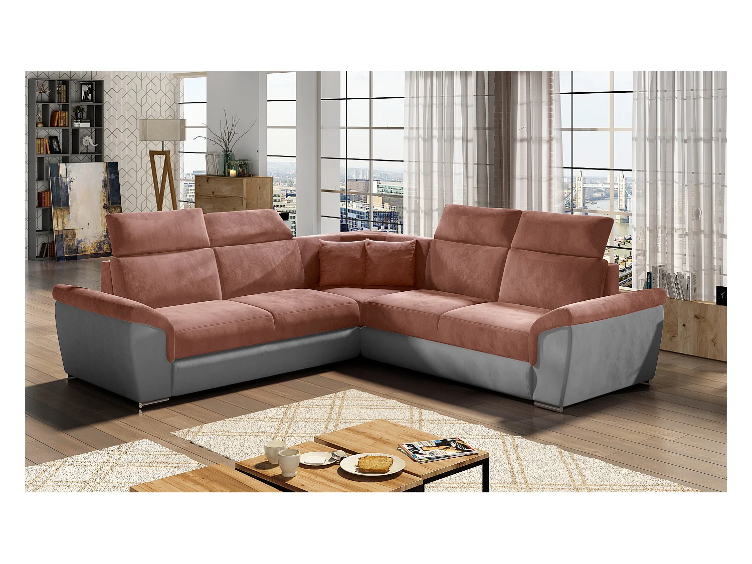 Canapé d'angle réversible et convertible velours Neo - Pieds acier chromé-Gris clair/Rouge tomette