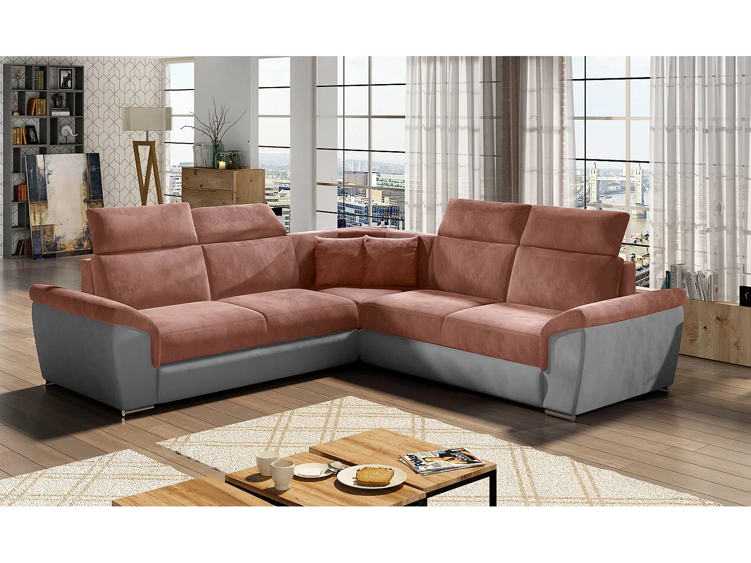 Canapé d'angle réversible et convertible velours Neo - Pieds acier chromé-Gris clair/Rouge tomette