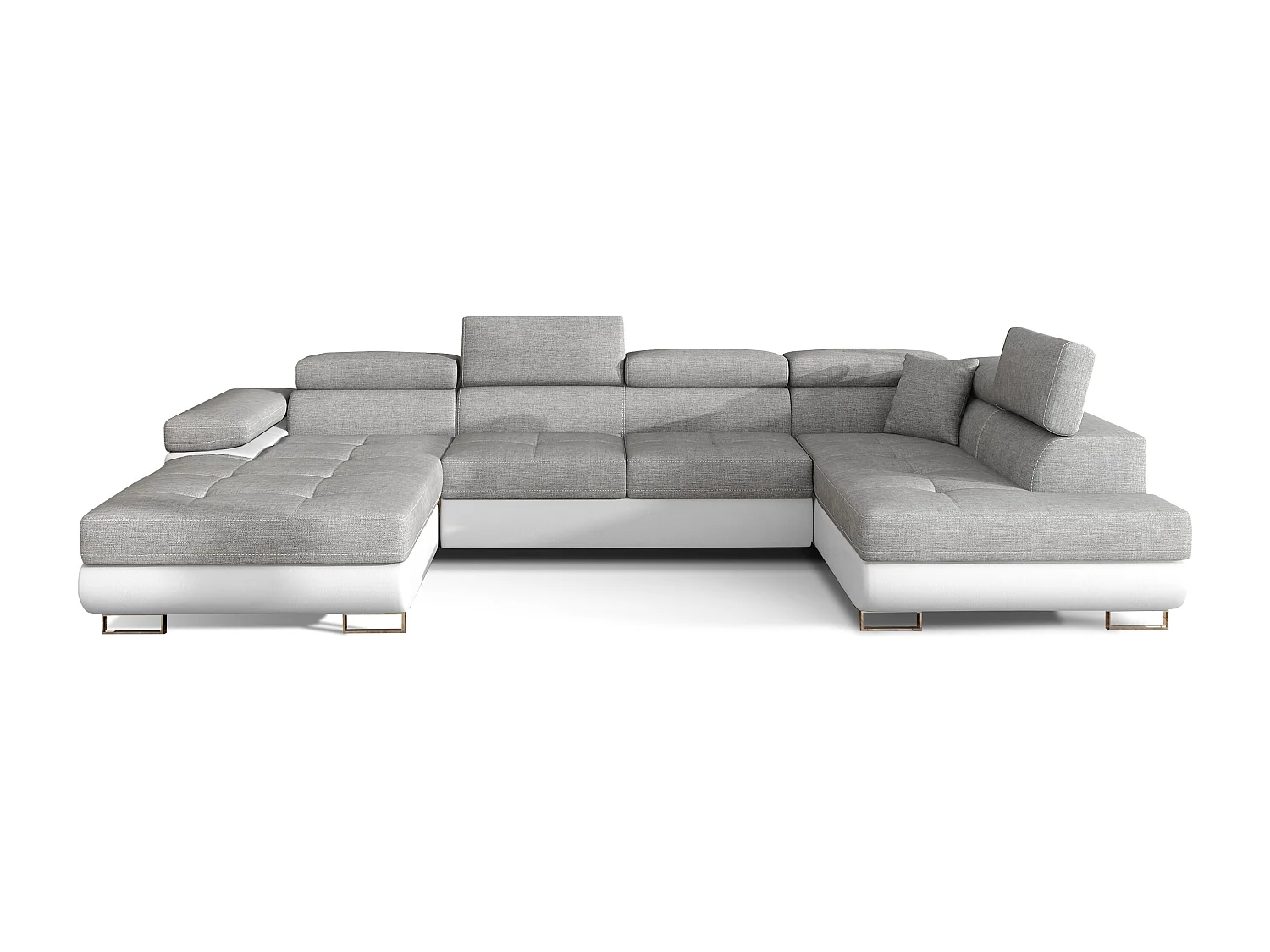 Canapé panoramique convertible ROMANO - Rangement et appuie-têtes réglables-Blanc/Gris clair-Coffre à droite