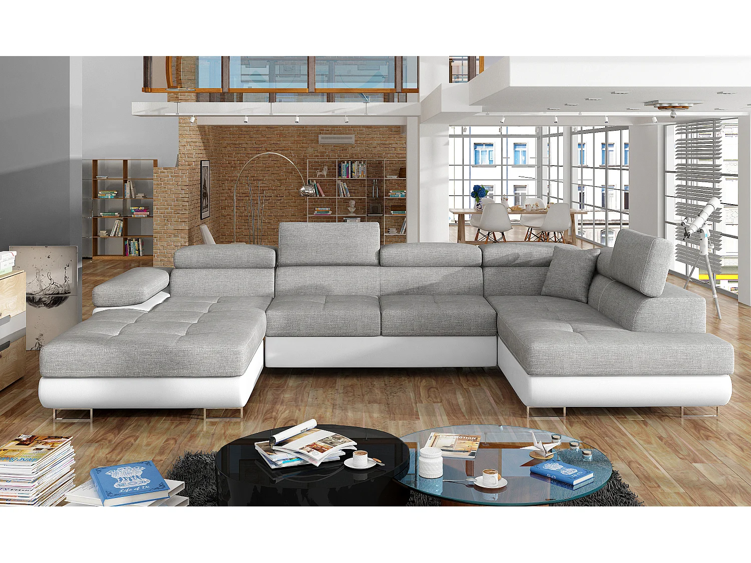 Canapé panoramique convertible ROMANO - Rangement et appuie-têtes réglables-Blanc/Gris clair-Coffre à droite