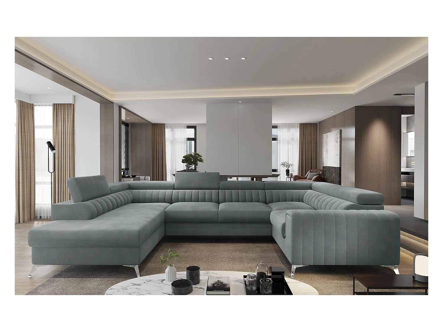 Canapé panoramique convertible LOUVE velours - Rangement et têtières réglables-Gris-Coffre à gauche