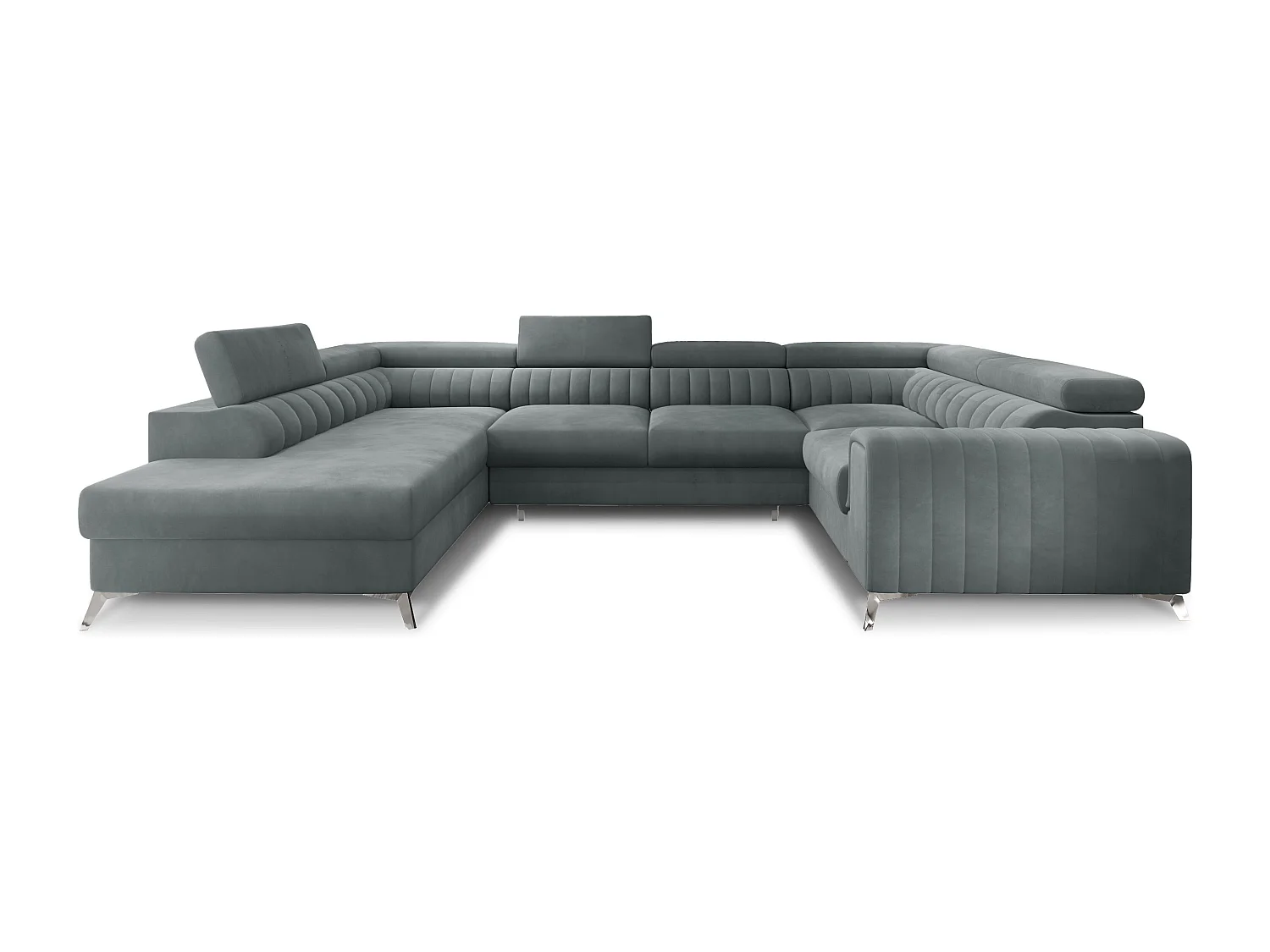 Canapé panoramique convertible LOUVE velours - Rangement et têtières réglables-Gris-Coffre à gauche