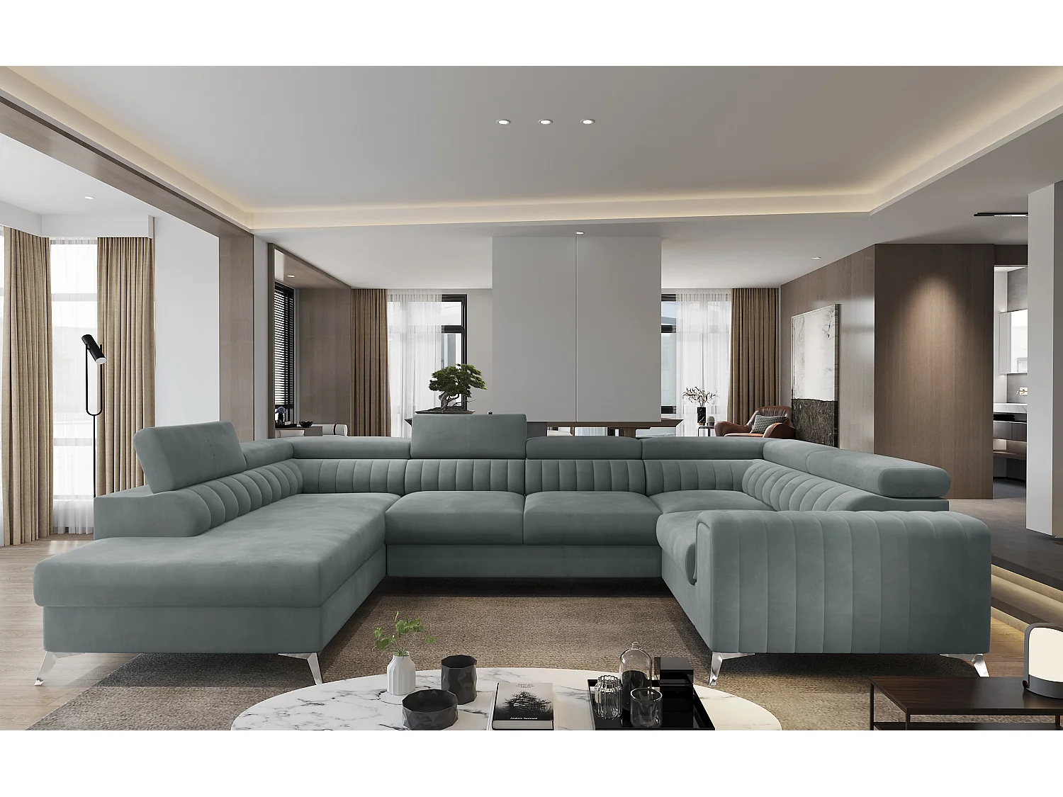 Canapé panoramique convertible LOUVE velours - Rangement et têtières réglables-Gris-Coffre à gauche