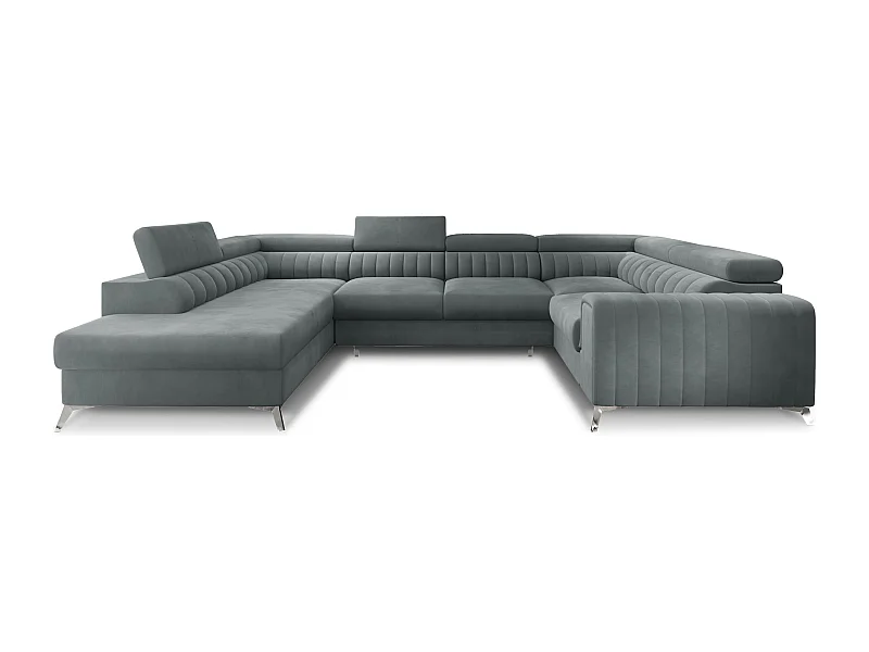 Canapé panoramique convertible LOUVE velours - Rangement et têtières réglables-Gris-Coffre à gauche