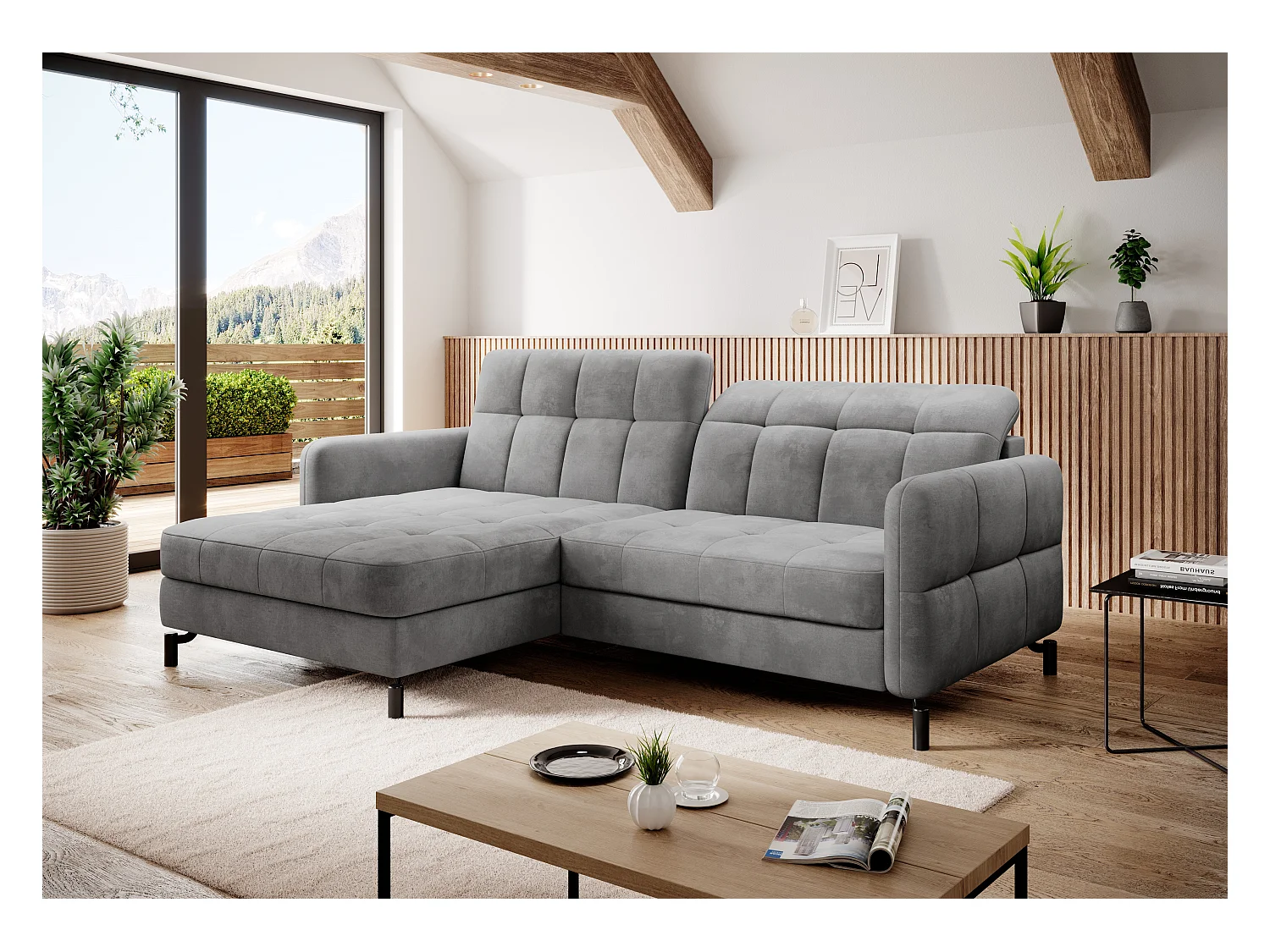 Canapé d'angle convertible velours avec coffre de rangement LORI-Gris clair-angle gauche