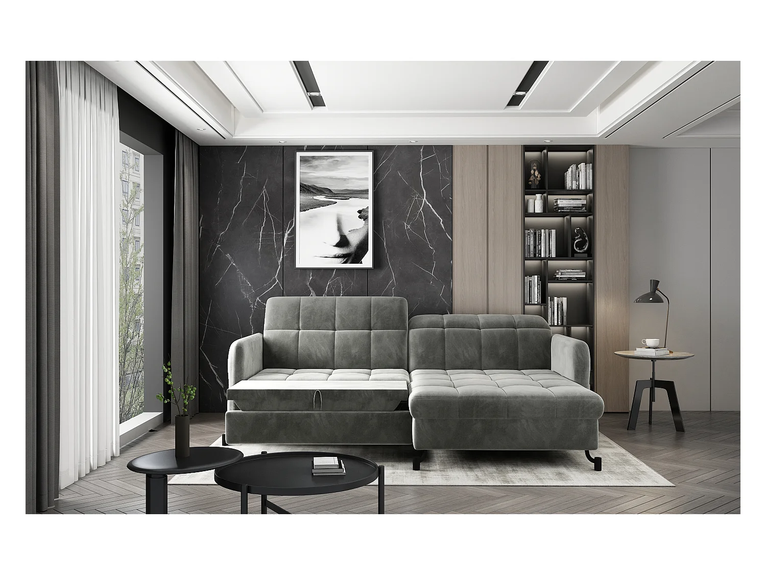 Canapé d'angle convertible velours avec coffre de rangement LORI-Gris clair-angle gauche