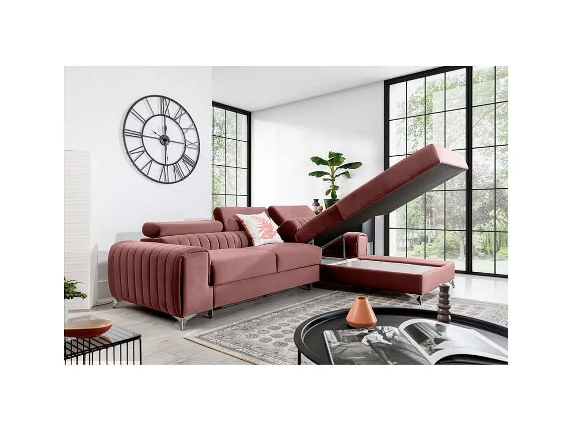 Canapé d'angle convertible velours têtière réglables GRENKY - Coffre, pieds acier chromé-Vieux rose-angle droit