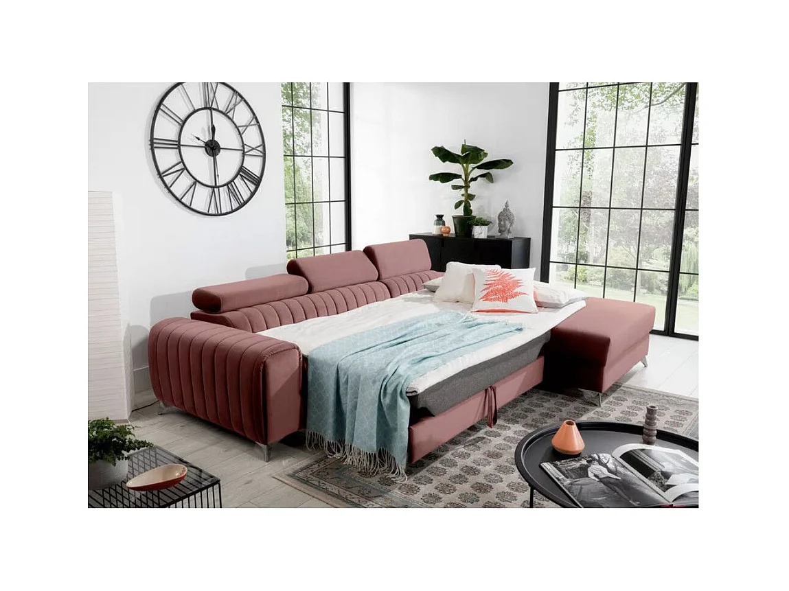 Canapé d'angle convertible velours têtière réglables GRENKY - Coffre, pieds acier chromé-Vieux rose-angle droit