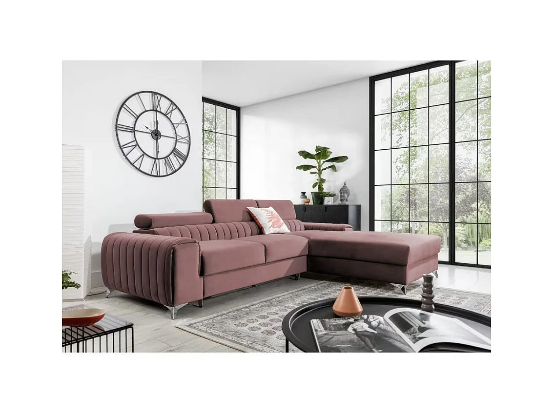 Canapé d'angle convertible velours têtière réglables GRENKY - Coffre, pieds acier chromé-Vieux rose-angle droit