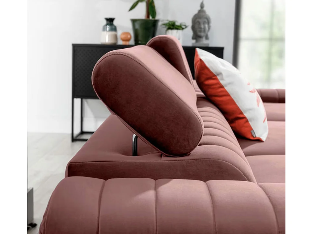 Canapé d'angle convertible velours têtière réglables GRENKY - Coffre, pieds acier chromé-Vieux rose-angle droit