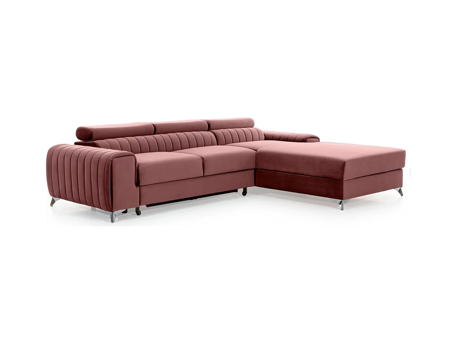 Canapé d'angle convertible velours têtière réglables GRENKY - Coffre, pieds acier chromé-Vieux rose-angle droit