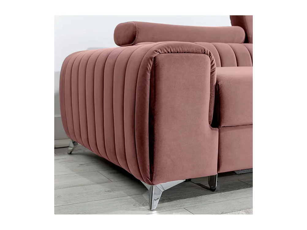 Canapé d'angle convertible velours têtière réglables GRENKY - Coffre, pieds acier chromé-Vieux rose-angle droit