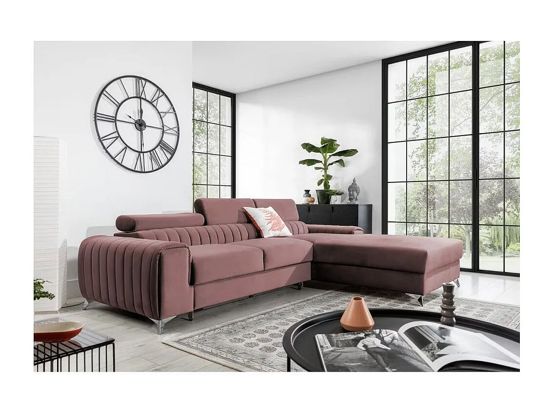 Canapé d'angle convertible velours têtière réglables GRENKY - Coffre, pieds acier chromé-Vieux rose-angle droit