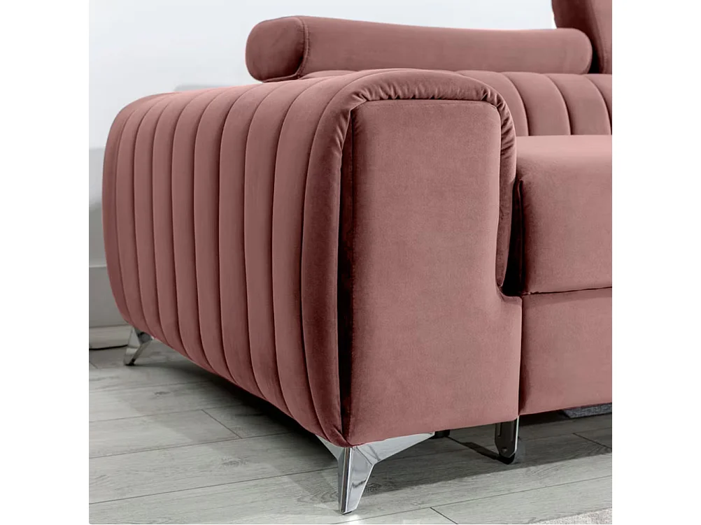 Canapé d'angle convertible velours têtière réglables GRENKY - Coffre, pieds acier chromé-Vieux rose-angle droit
