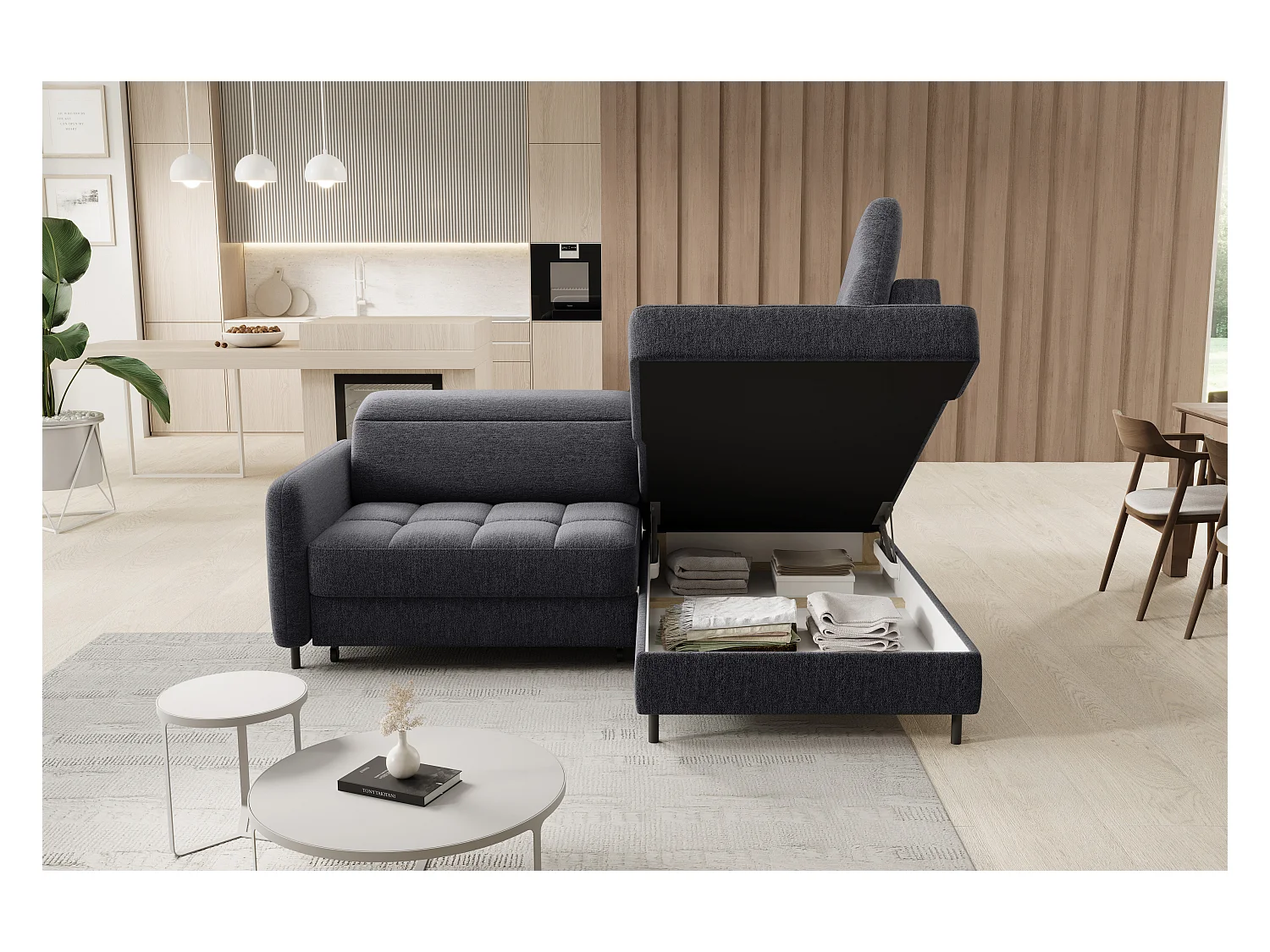 Kleine omvormbare stoffen hoekbank met opbergruimte BOREA 208 cm-Kleur Houtskool grijs-juiste hoek