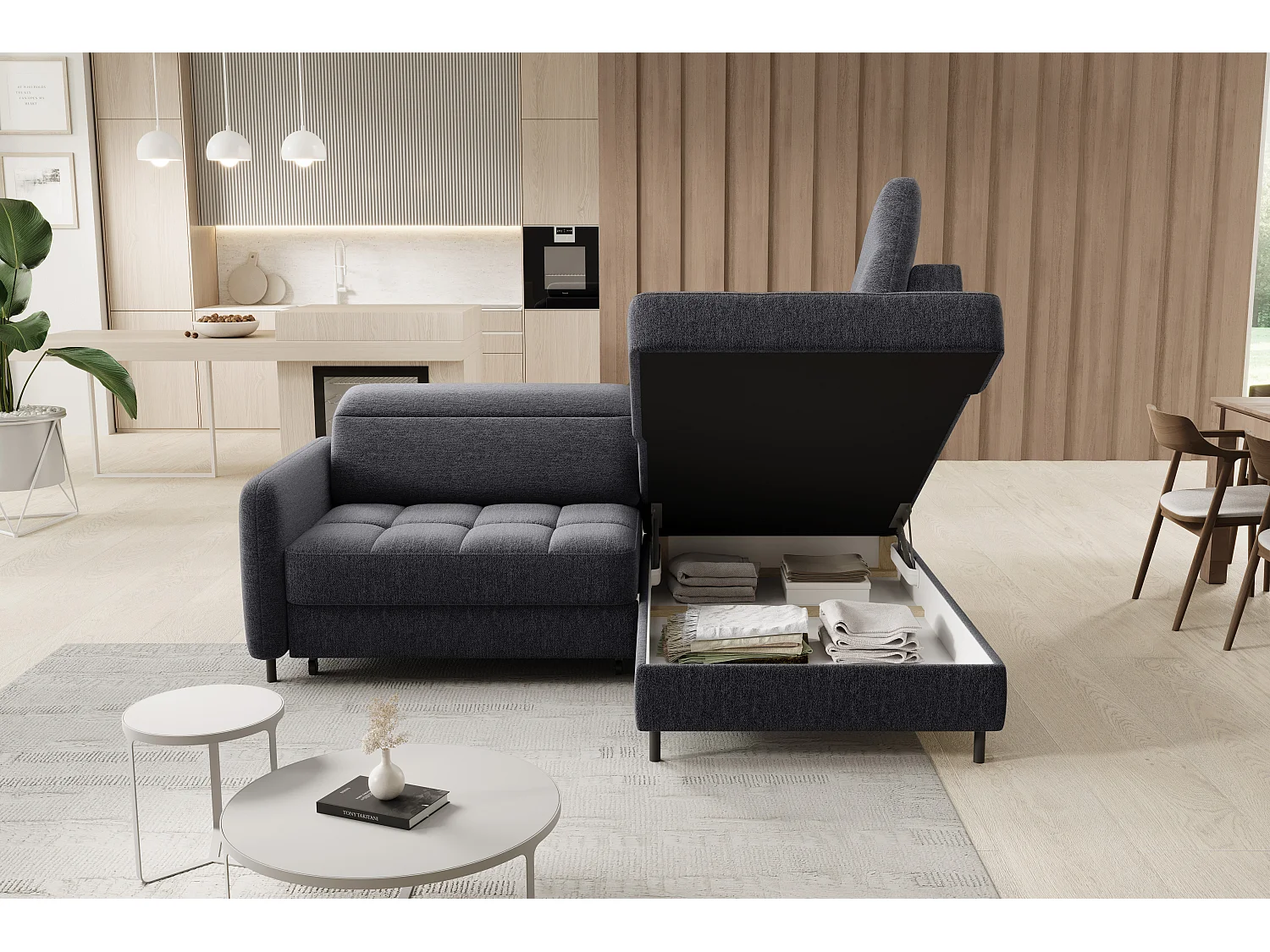 Kleine omvormbare stoffen hoekbank met opbergruimte BOREA 208 cm-Kleur Houtskool grijs-juiste hoek