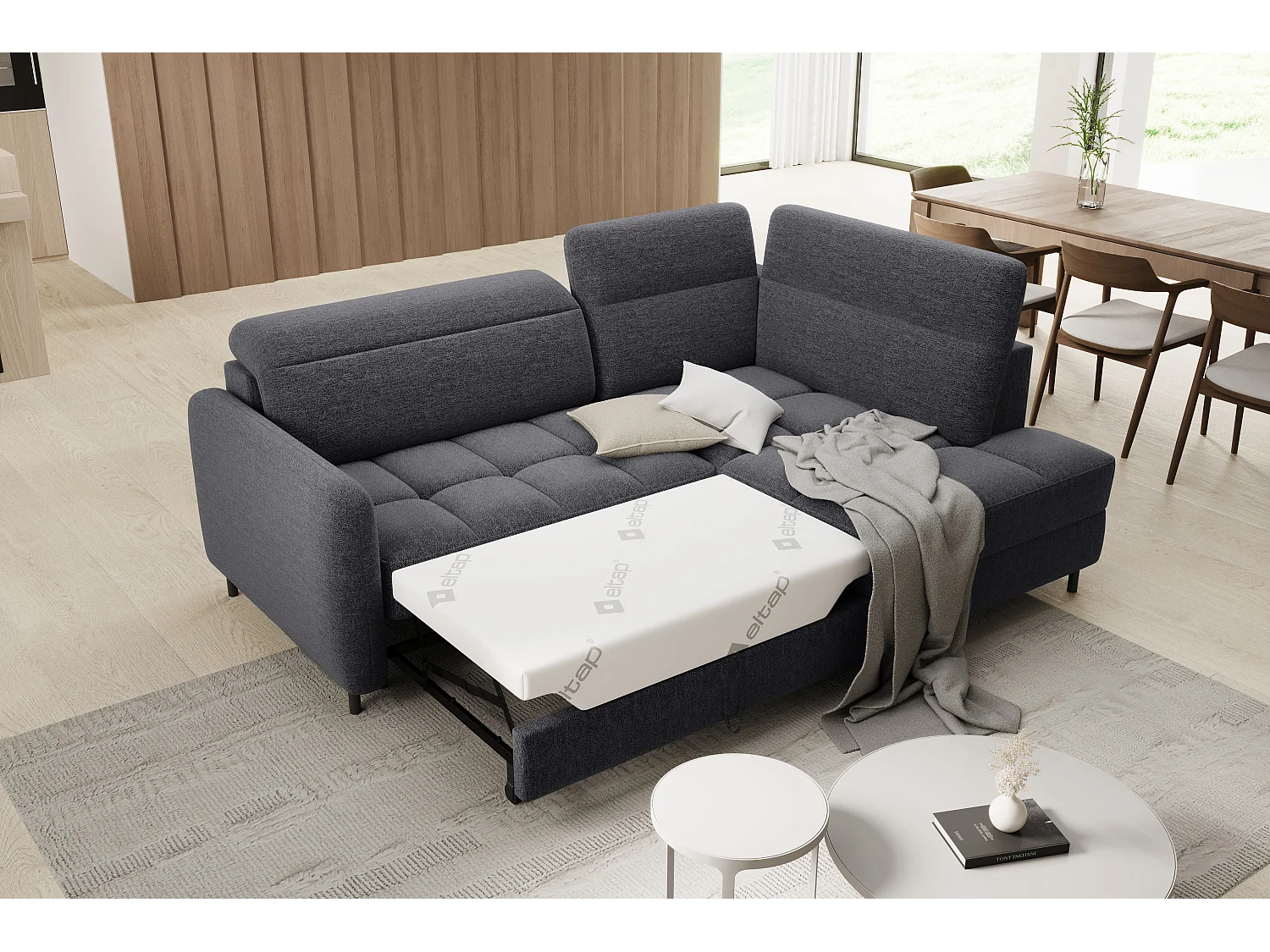 Kleine omvormbare stoffen hoekbank met opbergruimte BOREA 208 cm-Kleur Houtskool grijs-juiste hoek