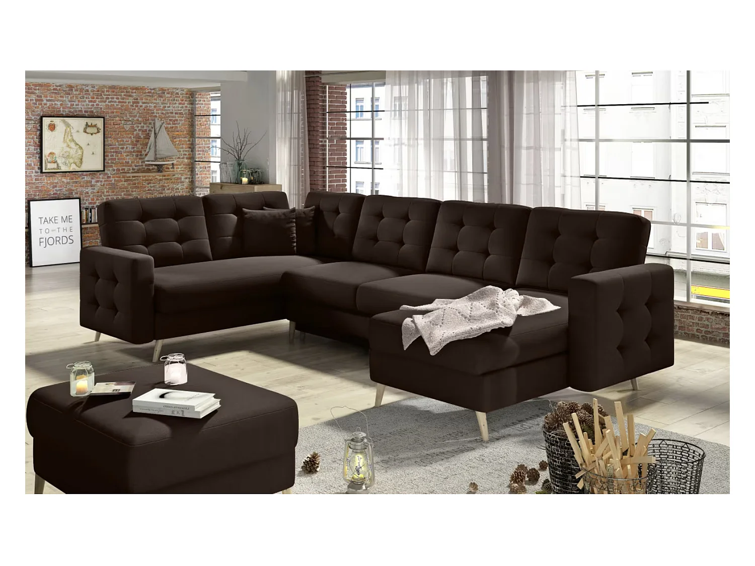 Canapé panoramique convertible ANSKA en tissu - Pieds bois naturel-Marron foncé