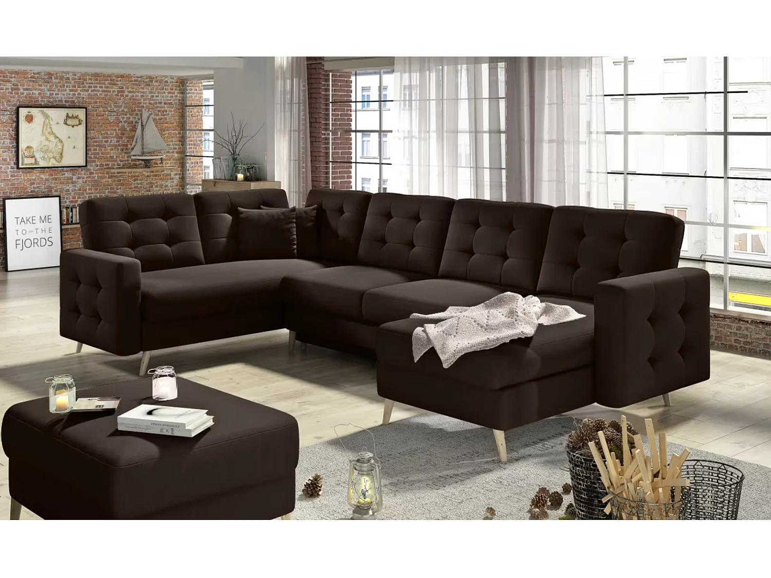 Canapé panoramique convertible ANSKA en tissu - Pieds bois naturel-Marron foncé