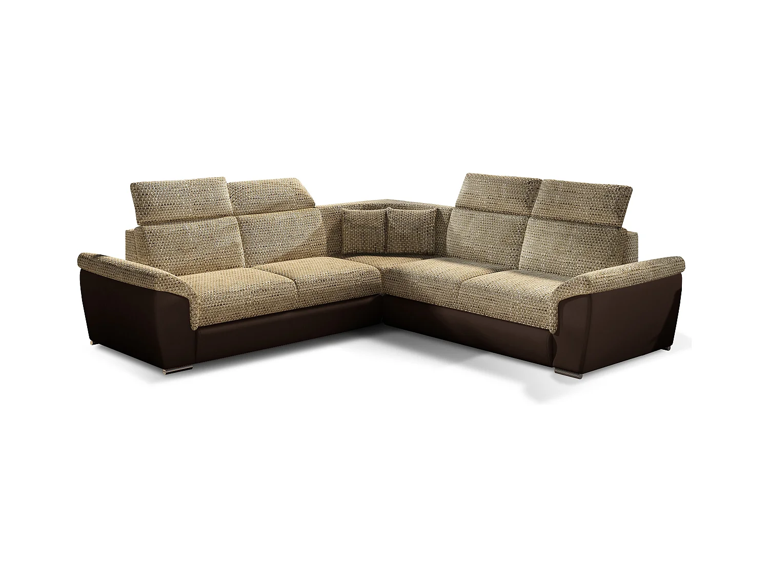 Canapé d'angle réversible et convertible bi-matières Neo - Pieds acier chromé-Marron/Beige chiné