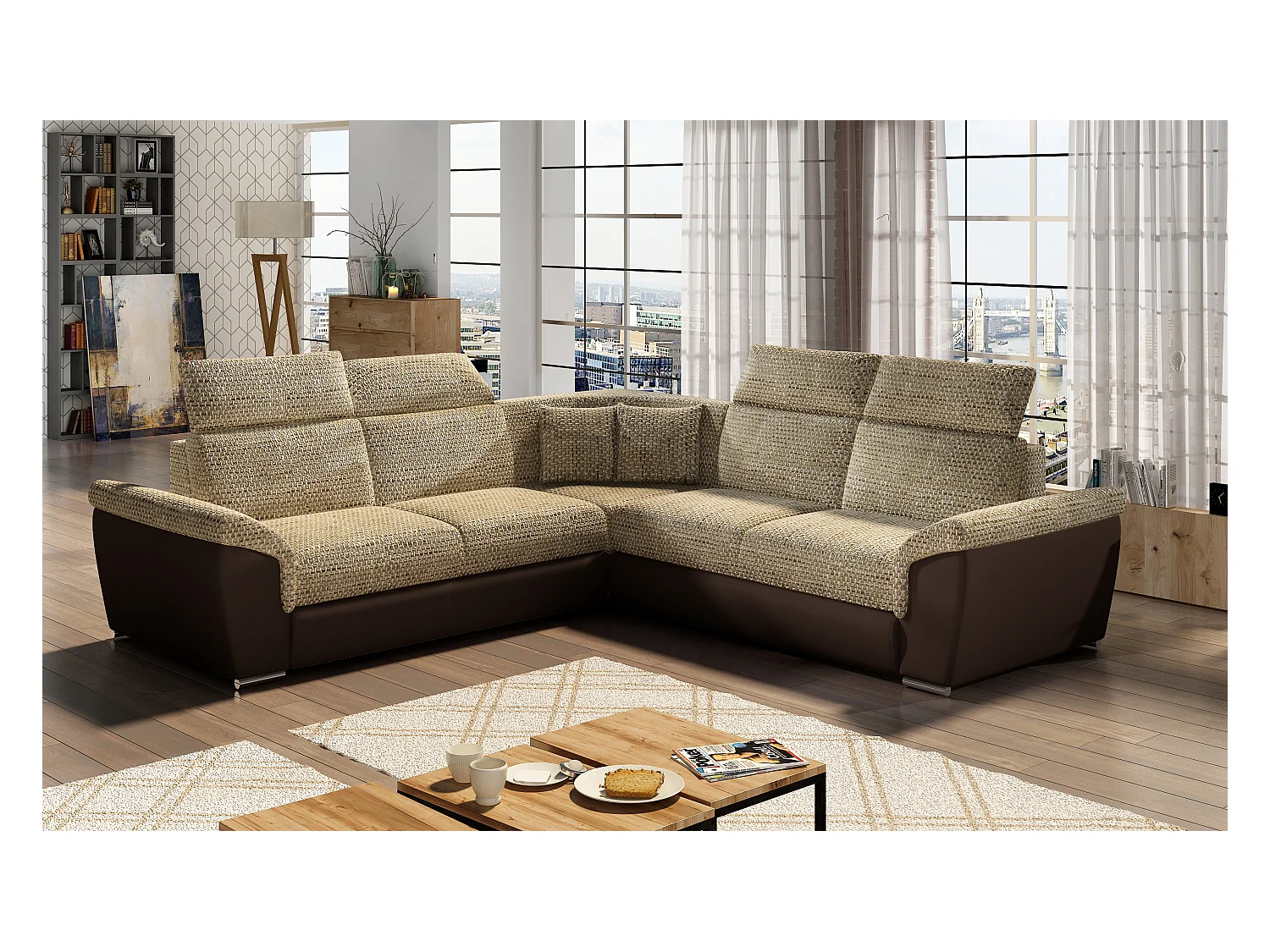 Canapé d'angle réversible et convertible bi-matières Neo - Pieds acier chromé-Marron/Beige chiné