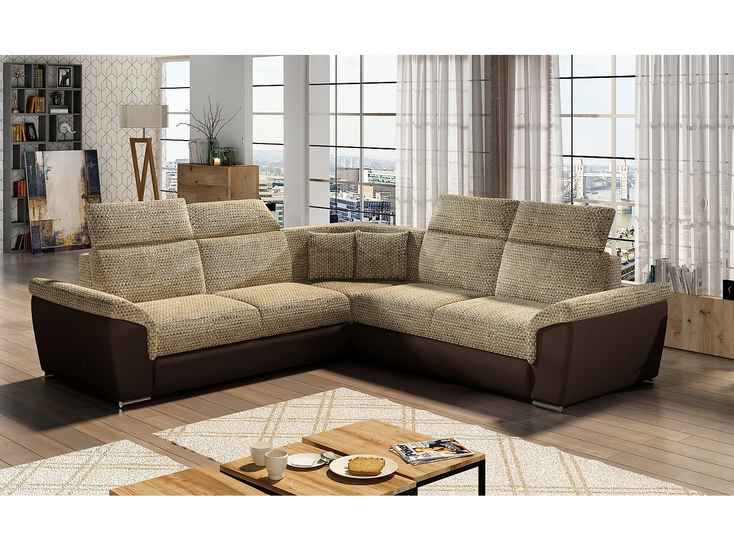 Sofá esquinero Neo reversible y convertible en dos materiales - Patas de acero cromado-Color Marrón/Beige jaspeado