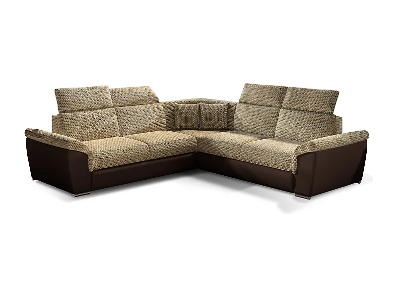 Canapé d'angle réversible et convertible bi-matières Neo - Pieds acier chromé-Marron/Beige chiné