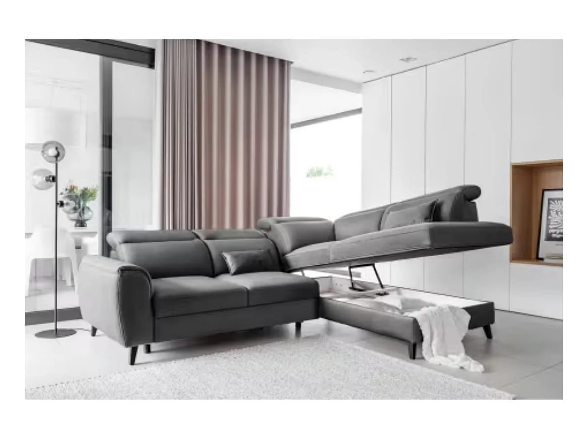 Canapé d'angle convertible avec rangement velours NOBLESSE - Pieds bois noir-Gris-angle droit