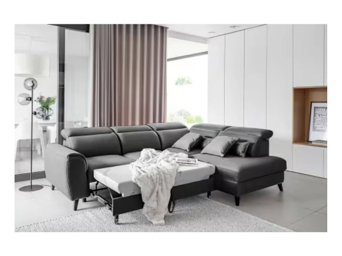 Canapé d'angle convertible avec rangement velours NOBLESSE - Pieds bois noir-Gris-angle droit