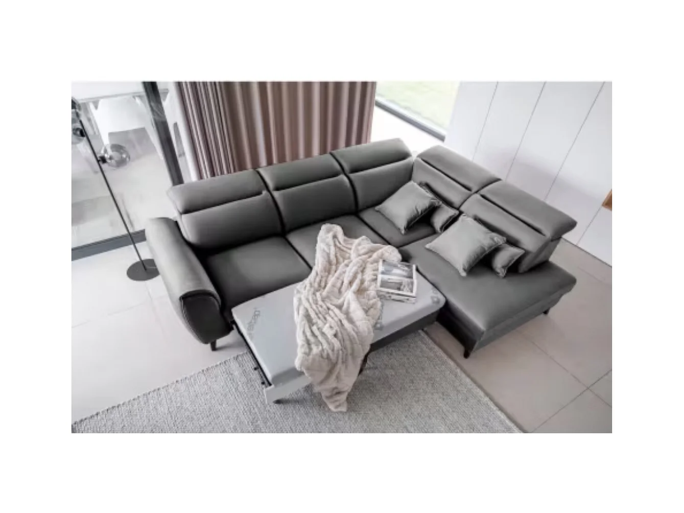 Canapé d'angle convertible avec rangement velours NOBLESSE - Pieds bois noir-Gris-angle droit