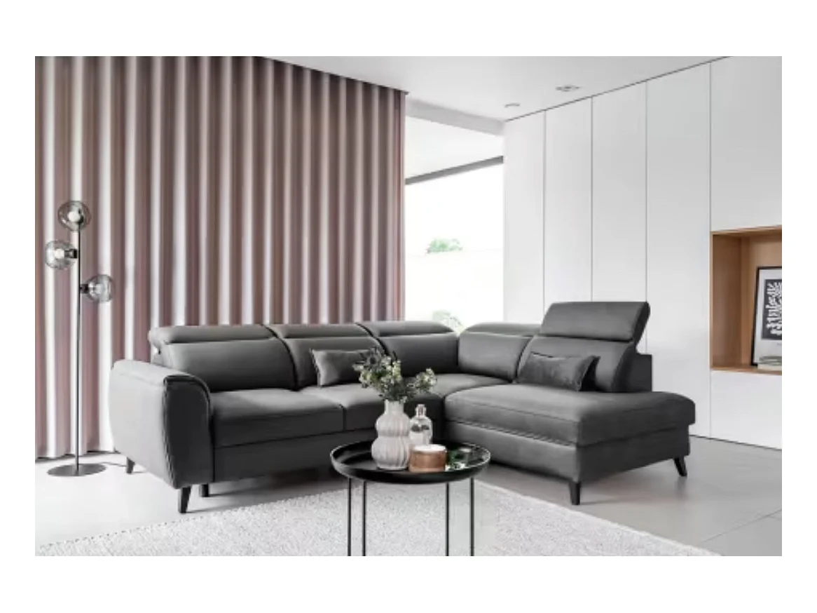 Canapé d'angle convertible avec rangement velours NOBLESSE - Pieds bois noir-Gris-angle droit