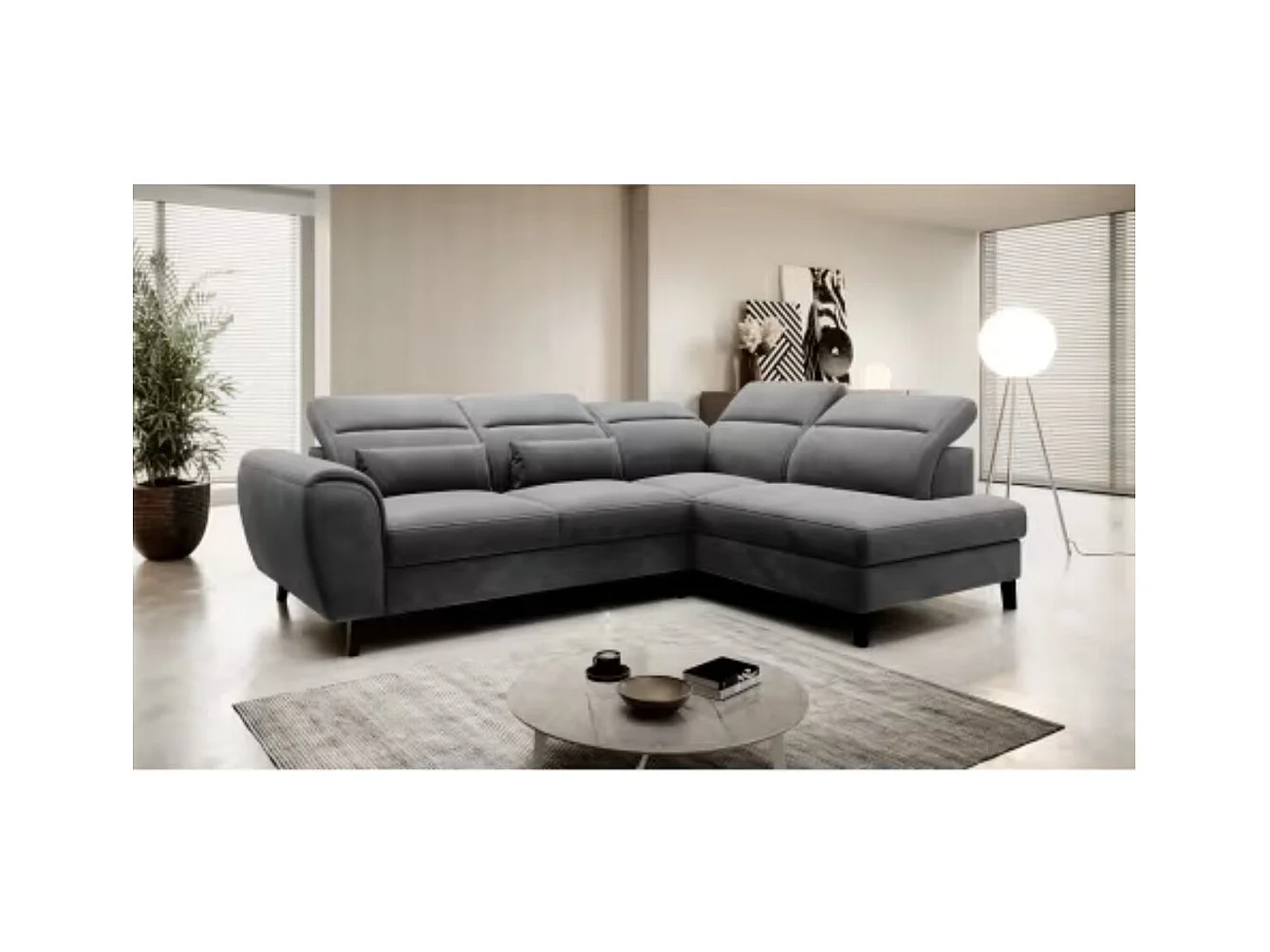 Canapé d'angle convertible avec rangement velours NOBLESSE - Pieds bois noir-Gris-angle droit