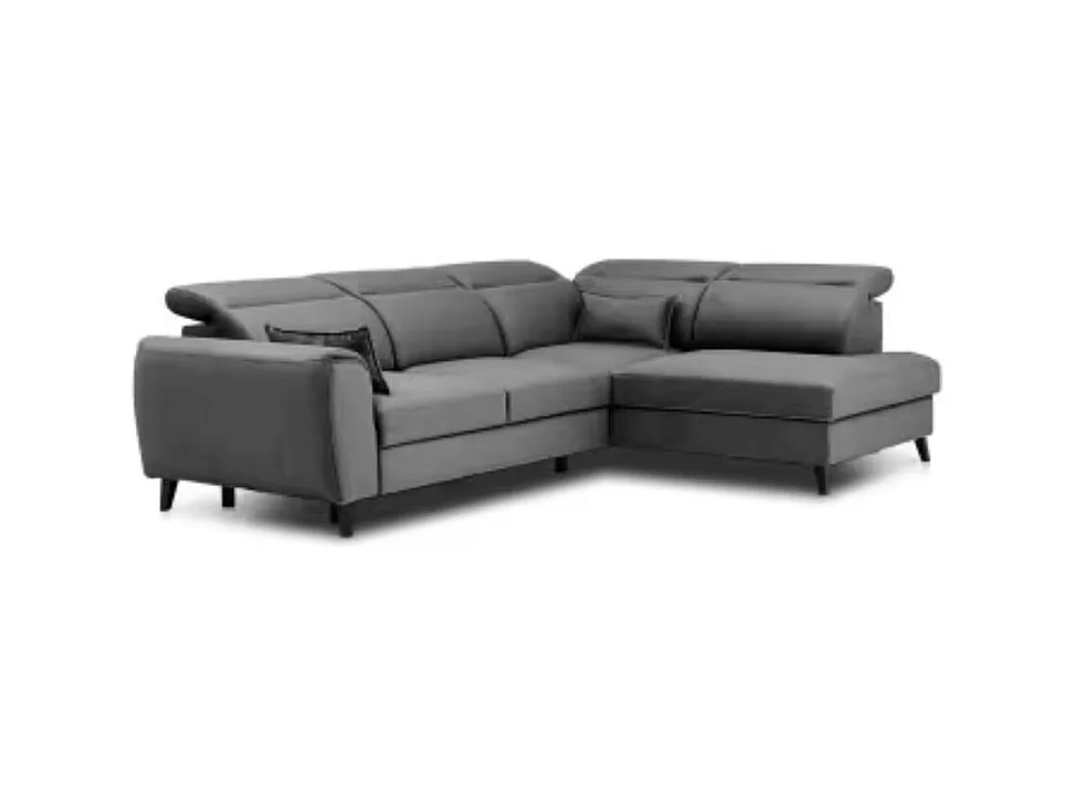 Canapé d'angle convertible avec rangement velours NOBLESSE - Pieds bois noir-Gris-angle droit