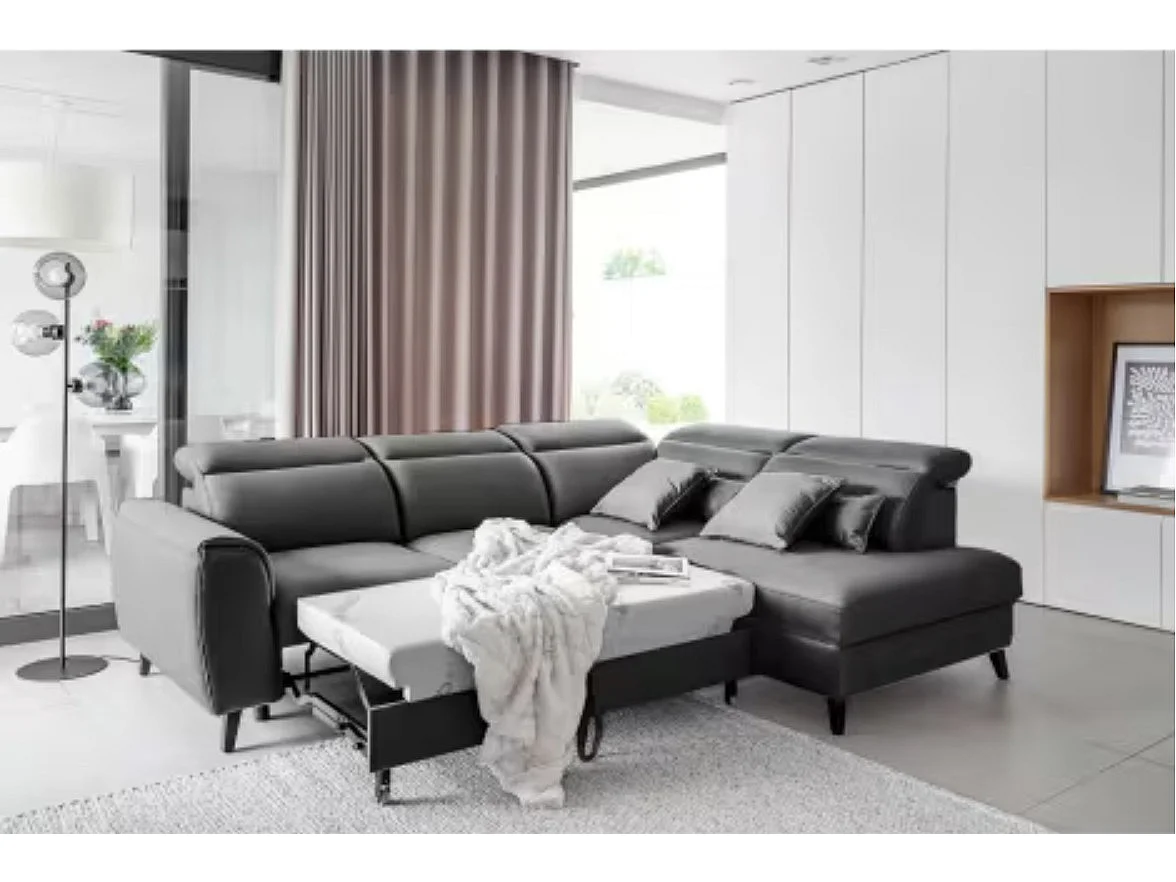 Canapé d'angle convertible avec rangement velours NOBLESSE - Pieds bois noir-Gris-angle droit