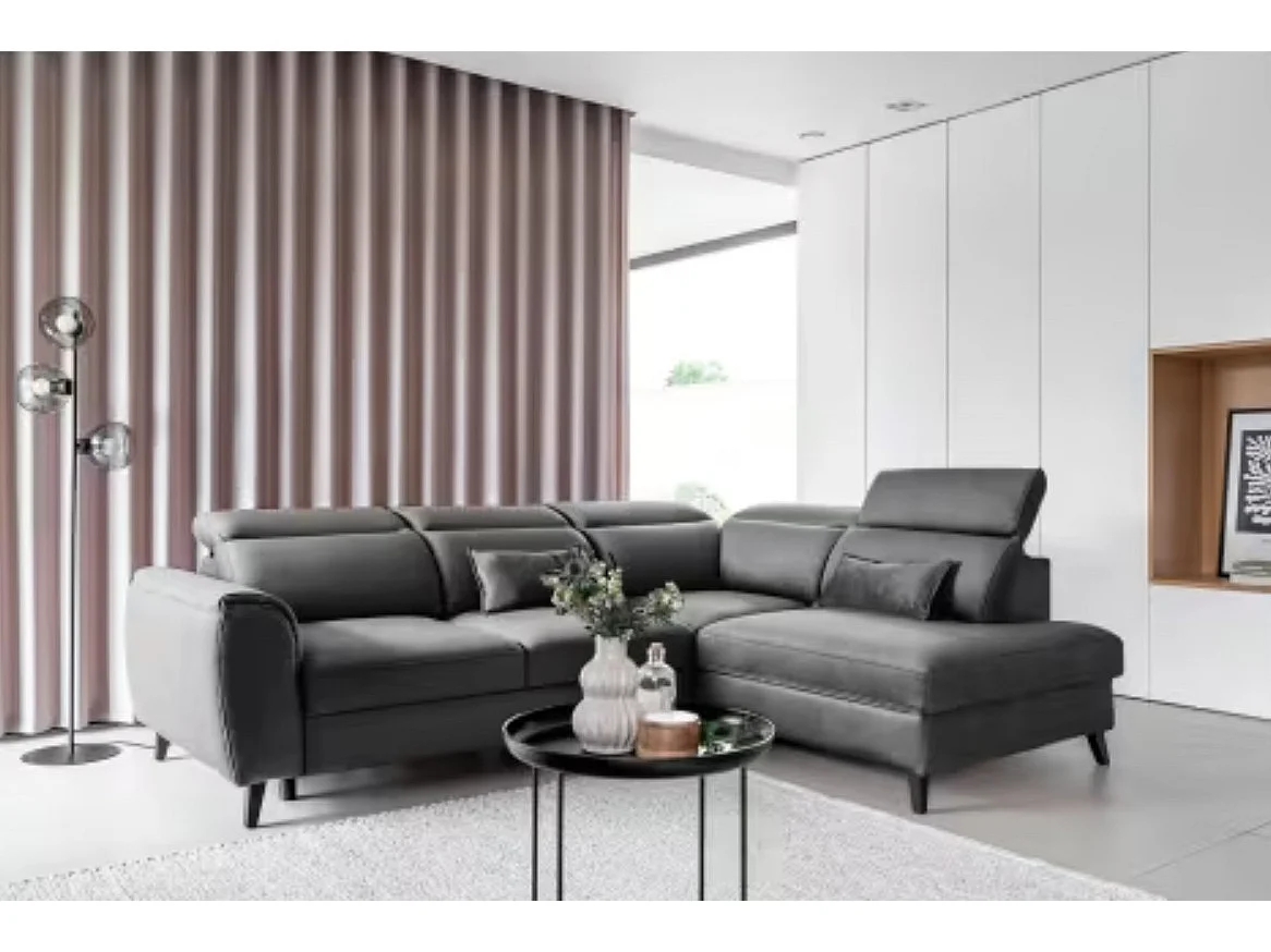 Canapé d'angle convertible avec rangement velours NOBLESSE - Pieds bois noir-Gris-angle droit