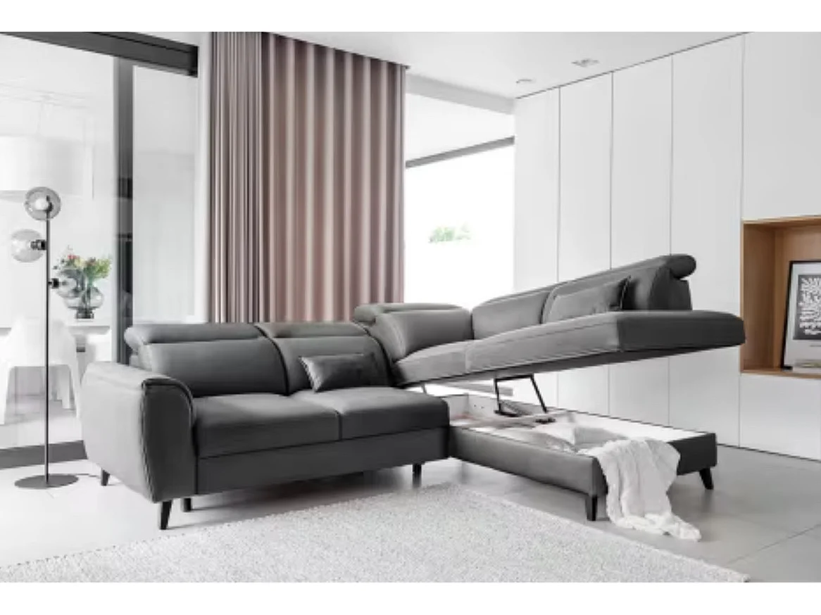 Canapé d'angle droit convertible 4 places avec rangement en velours gris NOBLESSE