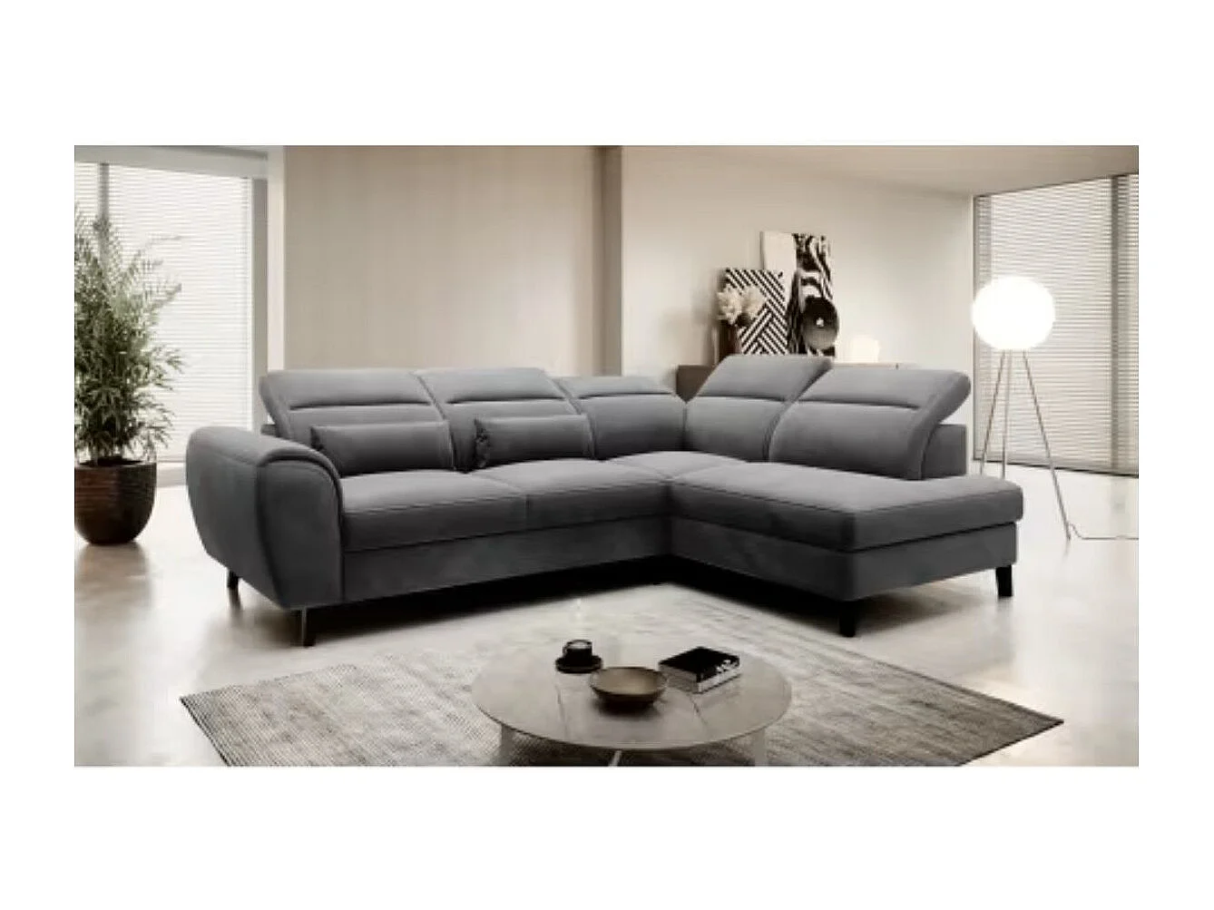 Canapé d'angle droit convertible 4 places avec rangement en velours gris NOBLESSE