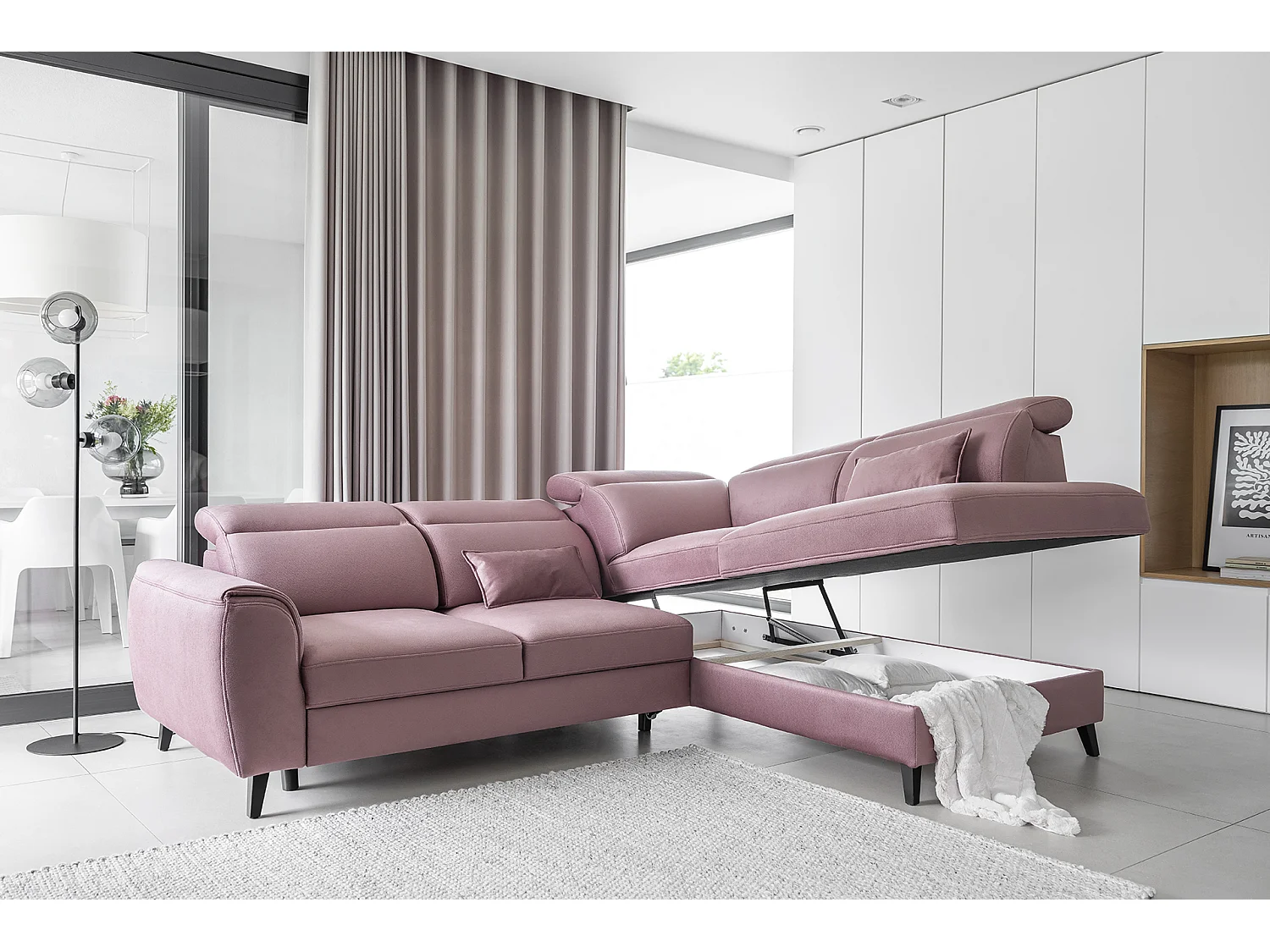 Canapé d'angle droit convertible 4 places avec rangement en velours gris NOBLESSE