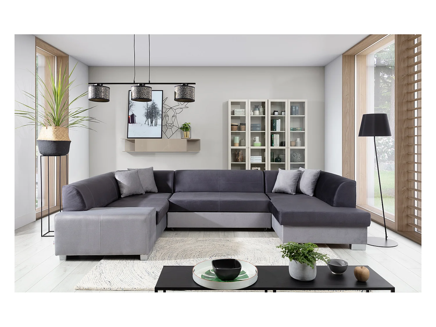 Canapé panoramique convertible HOUSTON en velours avec coffre de rangement-Gris clair/Gris-Coffre à droite
