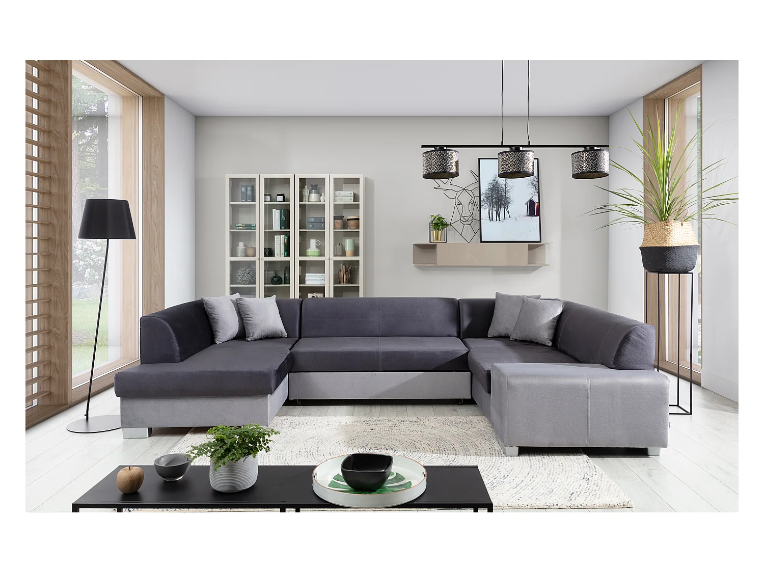 Canapé panoramique convertible HOUSTON en velours avec coffre de rangement-Gris clair/Gris-Coffre à droite